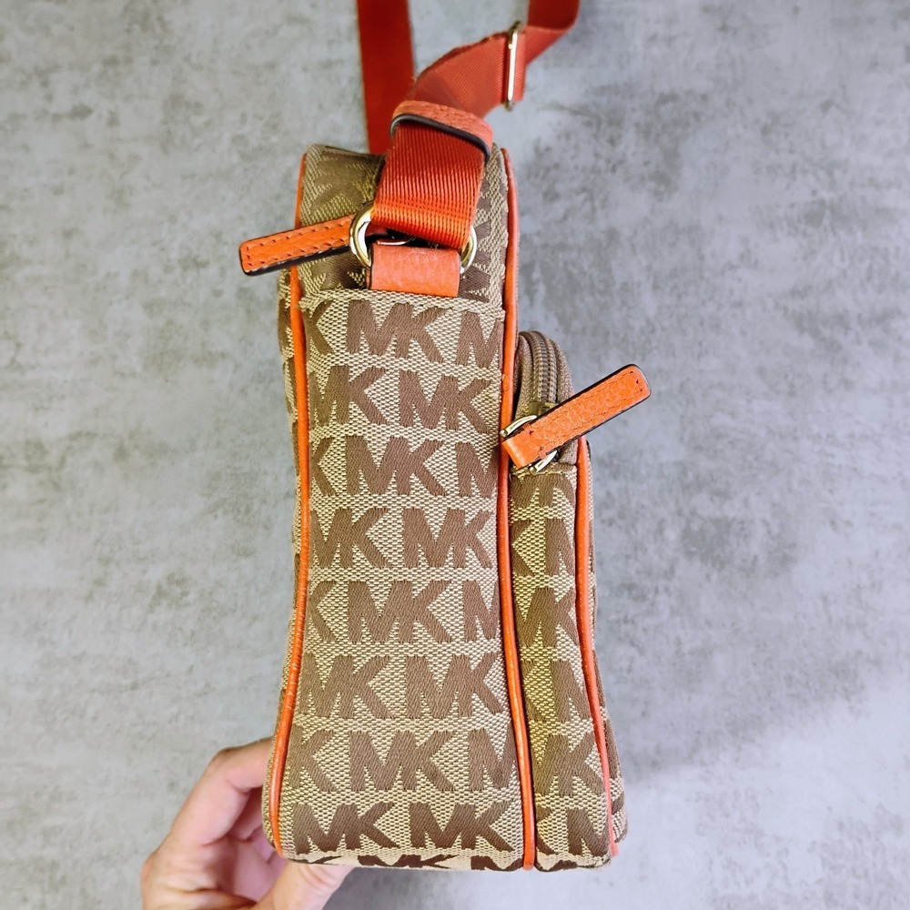 Michael Kors Signature Flight Crossbody Bag Brown Orange Leather Trim - Picture 7 of 16
